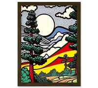Artery8 Modern Pop Art Forest Mountain Landscape Bright Colourful Comic Book Style Halftone Artwork Framed A3 Wall Art Print