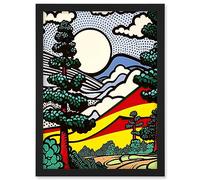 Artery8 Modern Pop Art Forest Mountain Landscape Bright Colourful Comic Book Style Halftone Artwork Framed A3 Wall Art Print