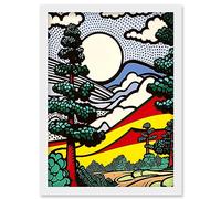 Artery8 Modern Pop Art Forest Mountain Landscape Bright Colourful Comic Book Style Halftone Artwork Framed Wall Art Print A4