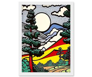 Artery8 Modern Pop Art Forest Mountain Landscape Bright Colourful Comic Book Style Halftone Artwork Framed Wall Art Print A4