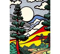 Artery8 Modern Pop Art Forest Mountain Landscape Bright Colourful Comic Book Style Halftone Extra Large XL Wall Art Poster Print