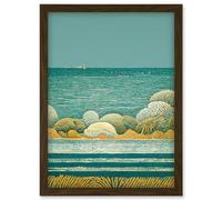 Artery8 Modern Quirky Beach Scene Ocean View Lighthouse Artwork Framed Wall Art Print A4 in Brown Artery8 Brown