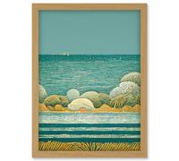 Artery8 Modern Quirky Beach Scene Ocean View Lighthouse Artwork Framed Wall Art Print A4 in Light Oak Artery8 Light Oak