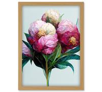 Artery8 Modern Realistic Pink & White Peony Flowers Artwork Framed Wall Art Print A4 in Light Oak Artery8 Light Oak