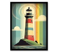Artery8 Modern Stylised Lighthouse Flat Style Multicoloured Seascape Illustration Artwork Framed Wall Art Print A4