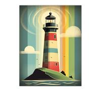Artery8 Modern Stylised Lighthouse Flat Style Multicoloured Seascape Illustration Extra Large XL Wall Art Poster Print