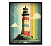 Artery8 Modern Stylised Lighthouse Flat Style Multicoloured Seascape Illustration Wall Art Print - A4 Size