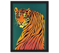 Wee Blue Coo Modern Tiger Portrait on Teal Orange Bold Artwork Framed Wall Art Print A4