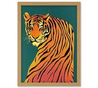Wee Blue Coo Modern Tiger Portrait on Teal Orange Bold Artwork Framed Wall Art Print A4