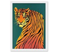 Wee Blue Coo Modern Tiger Portrait on Teal Orange Bold Artwork Framed Wall Art Print A4