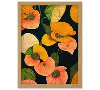 Artery8 Modern Tropical Lake Flowers Orange Yellow Peach Cream Warm Colours on Dark Green Artwork Framed Wall Art Print A4 in Light Oak Artery8 Light Oak