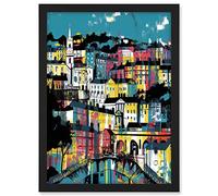 Artery8 Modern Vertical Cityscape in Blue Pink and Yellow Artwork Framed A3 Wall Art Print