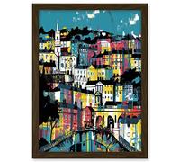 Artery8 Modern Vertical Cityscape in Blue Pink and Yellow Artwork Framed A3 Wall Art Print
