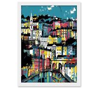 Artery8 Modern Vertical Cityscape in Blue Pink and Yellow Artwork Framed A3 Wall Art Print