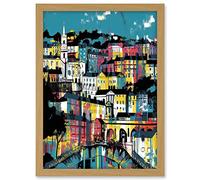 Artery8 Modern Vertical Cityscape in Blue Pink and Yellow Artwork Framed A3 Wall Art Print