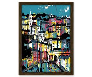 Artery8 Modern Vertical Cityscape in Blue Pink and Yellow Artwork Framed A3 Wall Art Print