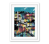 Artery8 Modern Vertical Cityscape in Blue Pink and Yellow Artwork Framed Wall Art Print 18X24 Inch