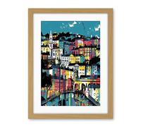 Artery8 Modern Vertical Cityscape in Blue Pink and Yellow Artwork Framed Wall Art Print 18X24 Inch