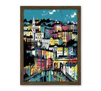 Artery8 Modern Vertical Cityscape in Blue Pink and Yellow Artwork Framed Wall Art Print 18X24 Inch
