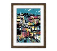 Artery8 Modern Vertical Cityscape in Blue Pink and Yellow Artwork Framed Wall Art Print 18X24 Inch