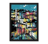 Artery8 Modern Vertical Cityscape in Blue Pink and Yellow Artwork Framed Wall Art Print 18X24 Inch