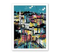 Artery8 Modern Vertical Cityscape in Blue Pink and Yellow Artwork Framed Wall Art Print 18X24 Inch