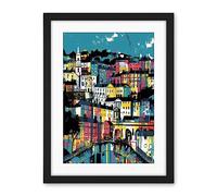 Artery8 Modern Vertical Cityscape in Blue Pink and Yellow Artwork Framed Wall Art Print 18X24 Inch