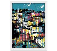 Artery8 Modern Vertical Cityscape in Blue Pink and Yellow Artwork Framed Wall Art Print A4