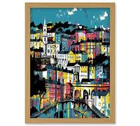 Artery8 Modern Vertical Cityscape in Blue Pink and Yellow Artwork Framed Wall Art Print A4