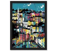 Artery8 Modern Vertical Cityscape in Blue Pink and Yellow Artwork Framed Wall Art Print A4