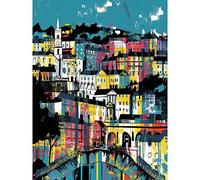 Artery8 Modern Vertical Cityscape in Blue Pink and Yellow Extra Large XL Wall Art Poster Print