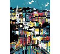 Artery8 Modern Vertical Cityscape in Blue Pink and Yellow Large Wall Art Poster Print Thick Paper 18X24 Inch