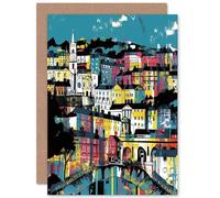Modern Vertical Cityscape in Blue Pink and Yellow Travel Birthday Card Artery8 Multi One Size