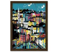 Artery8 Modern Vertical Cityscape in Blue Pink and Yellow Artwork Framed Wall Art Print A4