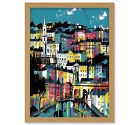 Artery8 Modern Vertical Cityscape in Blue Pink and Yellow Artwork Framed Wall Art Print A4
