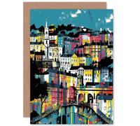 Modern Vertical Cityscape in Blue Pink and Yellow Travel Birthday Card Artery8 Multi One Size