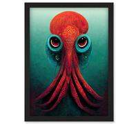 Artery8 Modern Vibrant Red & Teal Octopus Artwork Framed Wall Art Print A4 in Black Artery8 Black