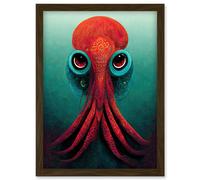 Artery8 Modern Vibrant Red & Teal Octopus Artwork Framed Wall Art Print A4 in Brown Artery8 Brown