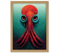 Artery8 Modern Vibrant Red & Teal Octopus Artwork Framed Wall Art Print A4 in Light Oak Artery8 Light Oak