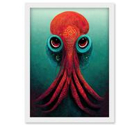 Artery8 Modern Vibrant Red & Teal Octopus Artwork Framed Wall Art Print A4 in White Artery8 White
