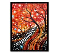 Artery8 Modern Vibrant Striking Aboriginal Style Artwork Painting Reds Orange Trees And Roots Stars And Sky Artwork Framed Wall Art Print 18X24 Inch