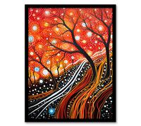 Modern Vibrant Striking Aboriginal Style Artwork Painting Reds Orange Trees And Roots Stars And Sky Art Print Framed Poster Wall Decor Artery8 Black A4