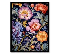 Artery8 Modern William Morris Style Elegant Anemone Flowers Floral Pattern Colourful Artwork On Blue Artwork Framed Wall Art Print A4