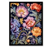 Artery8 Modern William Morris Style Elegant Anemone Flowers Floral Pattern Colourful Artwork On Blue Artwork Framed Wall Art Print 18X24 Inch