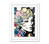 Artery8 Modern Woman Blonde Portrait Pop Art Bubbles Patterns Colourful Comic Book Halftone Artwork Framed Wall Art Print 18X24 Inch
