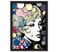 Artery8 Modern Woman Blonde Portrait Pop Art Bubbles Patterns Colourful Comic Book Halftone Artwork Framed Wall Art Print A4
