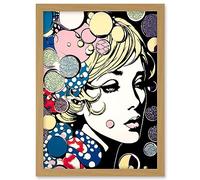 Artery8 Modern Woman Blonde Portrait Pop Art Bubbles Patterns Colourful Comic Book Halftone Artwork Framed A3 Wall Art Print