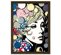 Artery8 Modern Woman Blonde Portrait Pop Art Bubbles Patterns Colourful Comic Book Halftone Artwork Framed A3 Wall Art Print