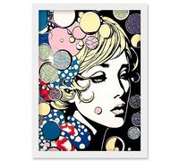 Artery8 Modern Woman Blonde Portrait Pop Art Bubbles Patterns Colourful Comic Book Halftone Artwork Framed Wall Art Print A4