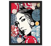 Artery8 Modern Woman Portrait Bubbles and Patterns Colourful Blue Red Pop Art Halftone Artwork Framed Wall Art Print A4